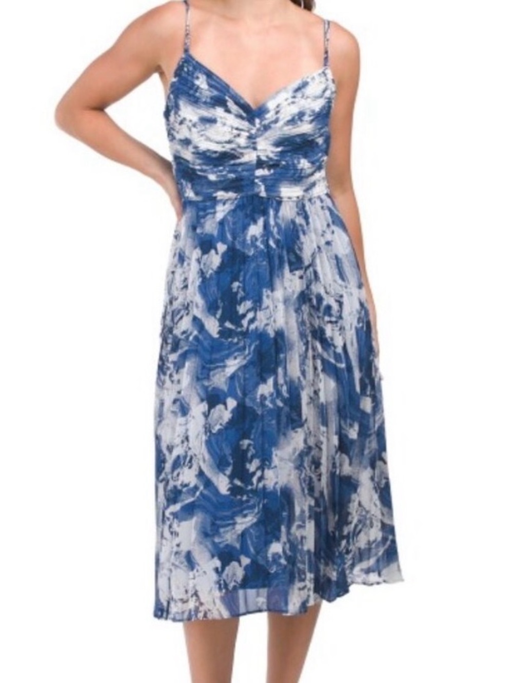 BCBG Watercolor Pleated Midi Dress Adjustable Straps Medium wedding guest boho
